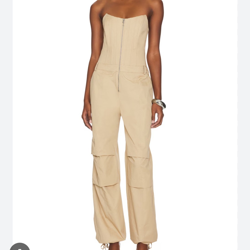 Retrofete Stana cargo bustier tan Revolve Jumpsuit with silver Tone Zipper Sz S